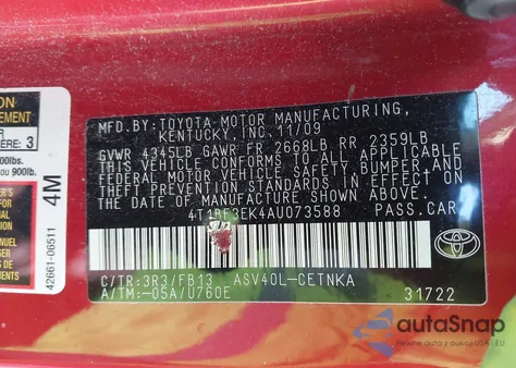 2010 Toyota Camry Le from USA, damaged, VIN 4T1BF3EK4AU073588